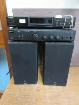 Kenwood stereo tuner, Arcam amplifier, and a pair of Celestion DL4 speakers