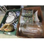 Two trays containing Enigma dispenser, blue and white china, etc