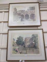 A Sturgeon print of a castle and moat along with A Sturgeon print of Bath Bridge