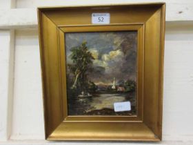 A gilt framed oil on board of rowing boats by church