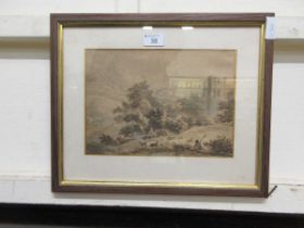 A framed and glazed pen and ink artwork of ruined church scene