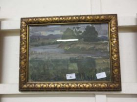 A gilt framed and glazed possible oil painting of river through countryside scene