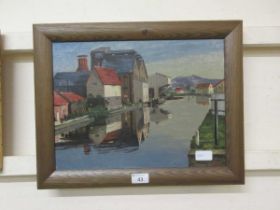 A modern framed oil on board of industrial canal scene