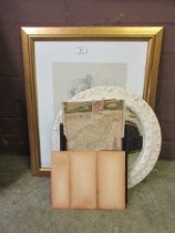 A white painted circular mirror together with picture frames and a framed and glazed print of nude