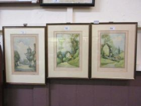 Three framed and glazed possible watercolours of countryside scene signed in pencil Cieo. H.Downine