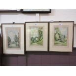 Three framed and glazed possible watercolours of countryside scene signed in pencil Cieo. H.Downine