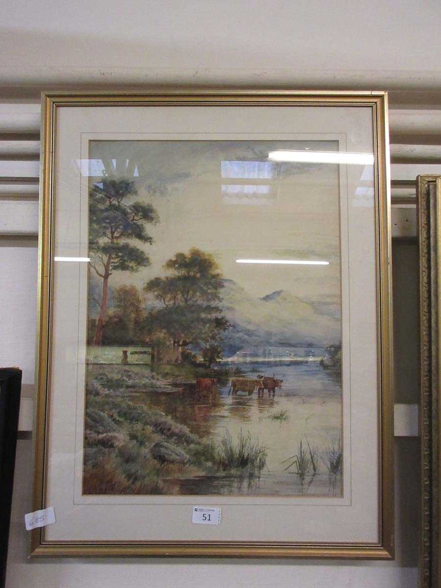 A framed and glazed possible watercolour of highland cattle in lake scene - Image 2 of 2