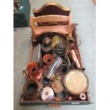 A tray of metal and other wooden items to include copper ware, brass ware, scales, etc