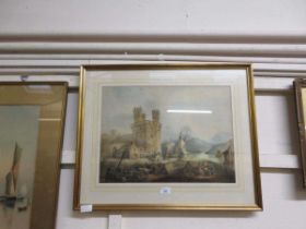 A framed and glazed watercolour of castle scene with sailing vessels