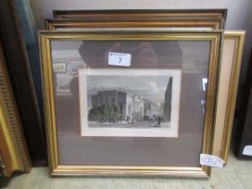 Five framed and glazed etchings and prints of buildings, etc