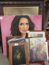 A selection of framed and unframed artworks of young girl, religious icon, oil on board of still