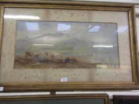 A gilt framed and glazed possible watercolour of cattle by lake scene