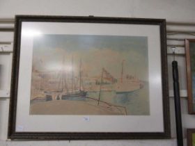 A large framed and glazed possible watercolour of sailing vessel with large ship signed bottom