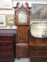 A Victorian flame mahogany veneered long case clock case with a painted dial with quartz movement