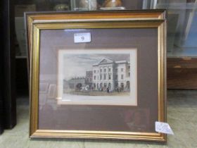 Five framed and glazed coloured etchings of buildings
