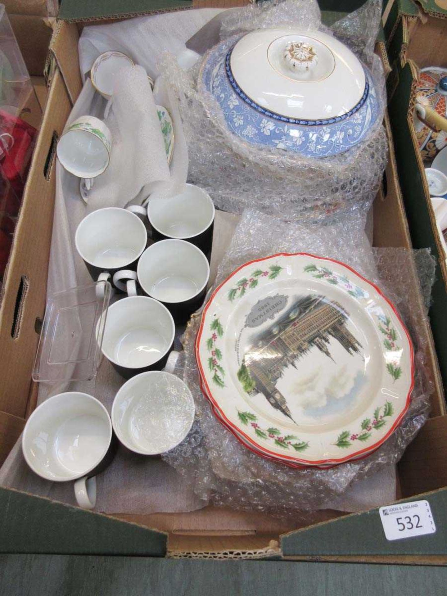 Three trays of ceramic ware to include mugs, tureens, Wedgwood, etc