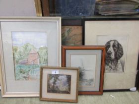 A quantity of artworks to include watercolours of water mill, churches, windmills, etc