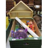 A hand crafted wooden doll's house together with trains, soft toys, etc