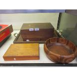 A selection of treen items to include twin handled tea tray, boxes, bowl, etc