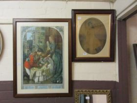 A framed and glazed coloured calendar print of military soldier with baby and mother together with a
