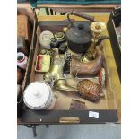 A tray containing weights, cast iron kettle, ceramic storage jars, large Wade turtle etc.