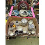 Two trays containing an oak bowl with ceramic liner, silver ceramic tea set etc