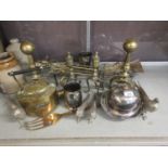 A selection of brass and plated ware