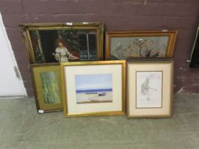 A selection of artworks to include prints, watercolours, embroideries, etc on various subjects