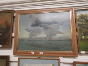 A framed oil of Lancaster bomber