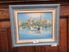 A modern oil on canvas of harbour scene signed bottom right