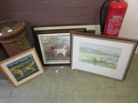 A selection of artworks to include watercolour of village scene, limited edition print of sheep,
