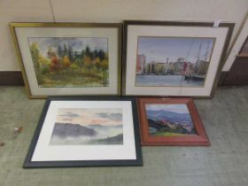 A selection of four framed and glazed artworks of countryside, harbour scene, etc