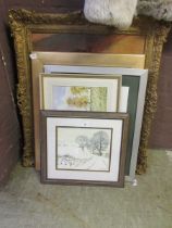 A selection of framed and glazed prints of various subjects to include a possible watercolour of