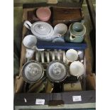 A tray containing modern ceramic and glassware, wooden boxes, etc