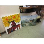 An acrylic on canvas depicting the rural house and garden of Anne Hathaway's Cottage along with a