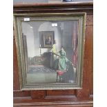 A large framed and glazed print of Roman scene together with an 18th century interior scene