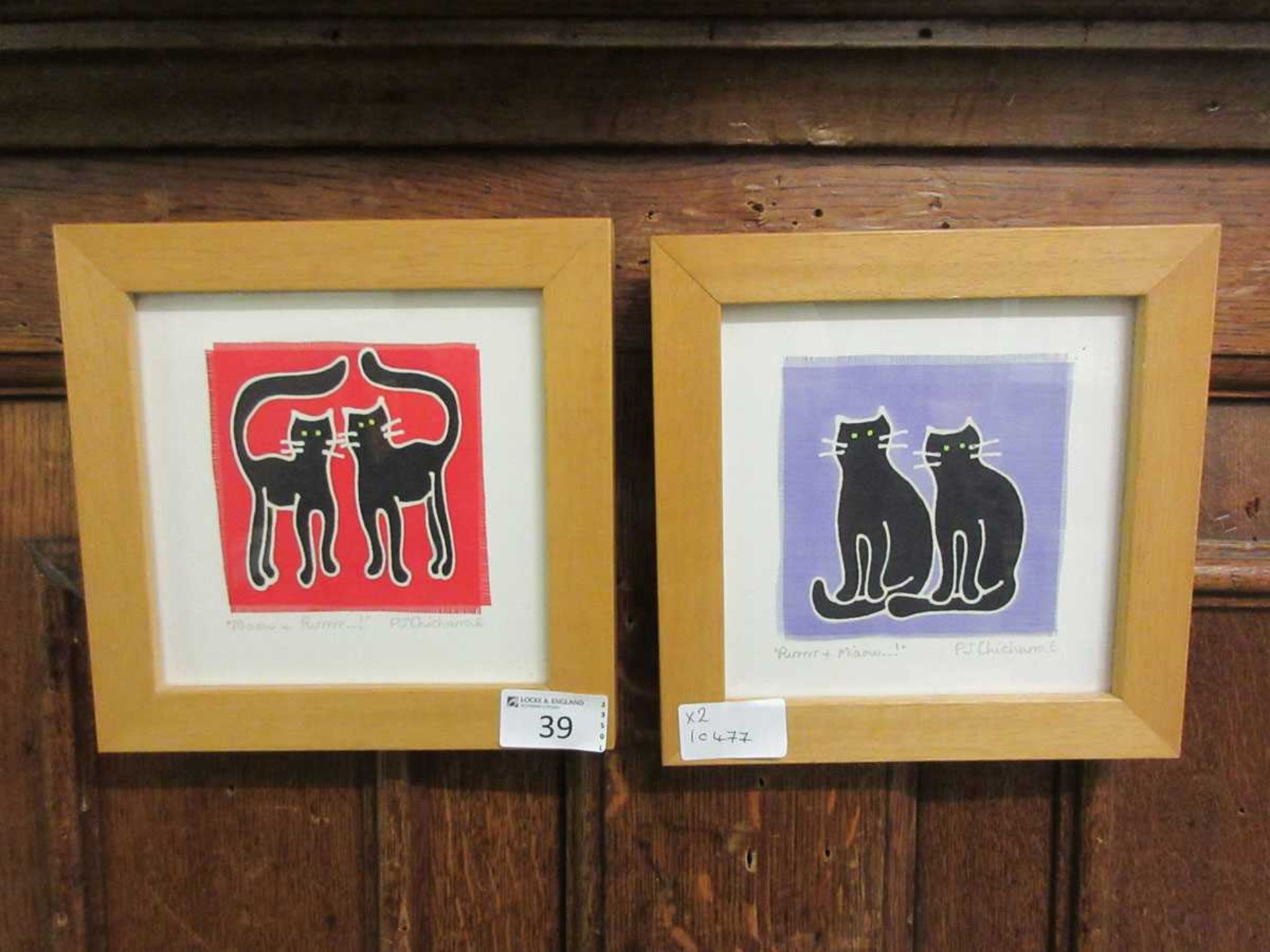 P.J.Chicharro.E screen prints on silk 'Purrrr and Miaow' and 'Miaow and Purrrr'