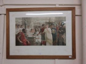 After Edwin Long, 'Diana or Christ?', coloured print with an oak frame, image 45.5 x 80cm