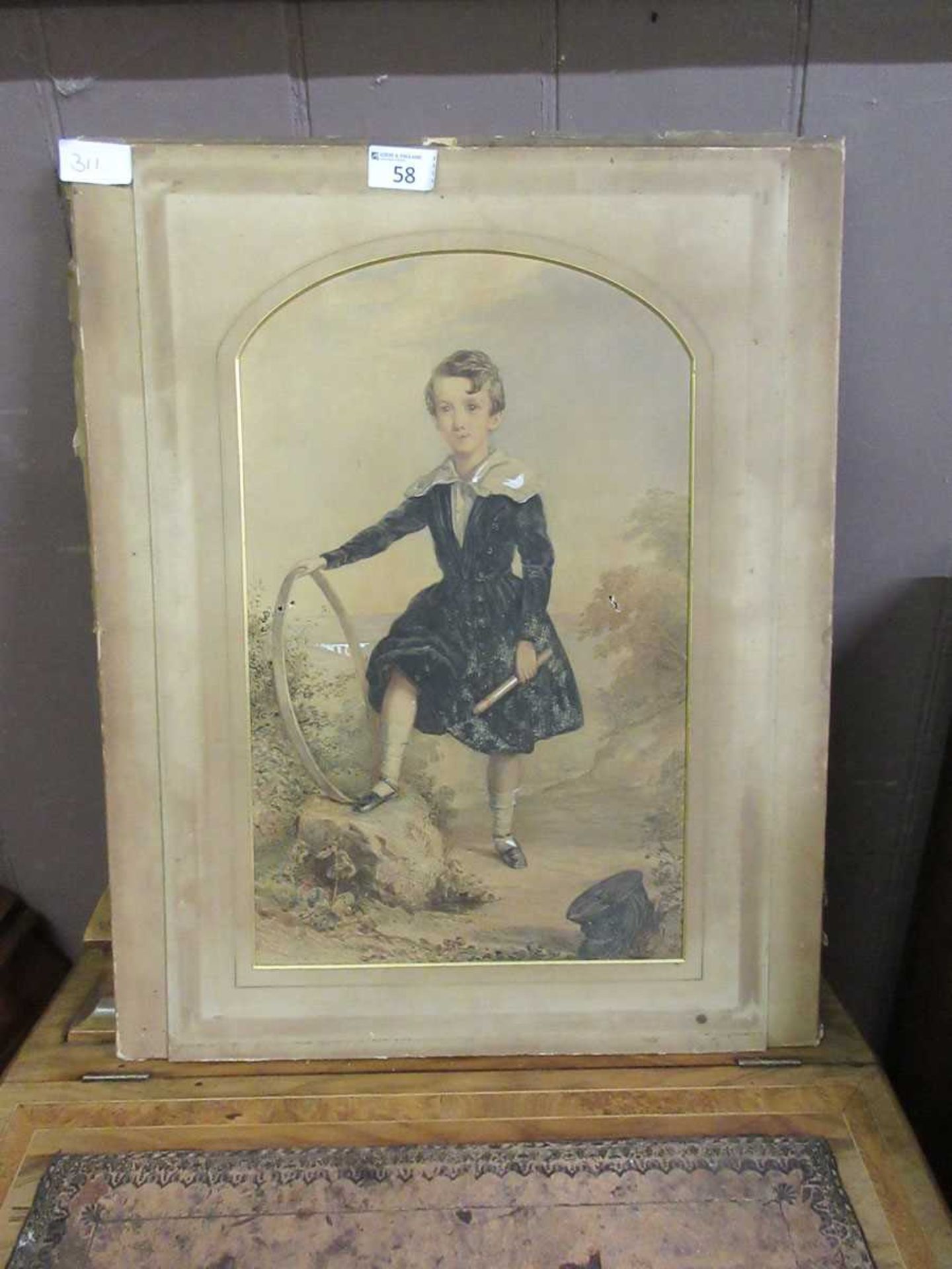 James Ashley, portrait of young boy with stick and hoop, signed and dated 1843, watercolour 41.5cm x