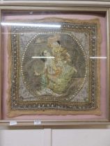 An Indian embroidered possible marital panel, mounted in a glazed and framed case, case approx. 69cm