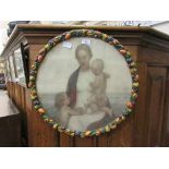 Coloured lithograph, Mary with Jesus and St John the Baptist, moulded fruit frame, 49cm diameter