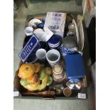 A box of assorted pottery and glass vases, mugs, plates etc.