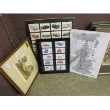 A framed and glazed collection of cigarette cards depicting Jaguar cars along with decorative
