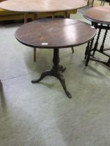 A George III oak tea table on turned column support with three downswept legs, approx. 64cm