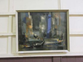 A mid-20th century style abstract print on canvas of interior scene, signed bottom right M.Mouly