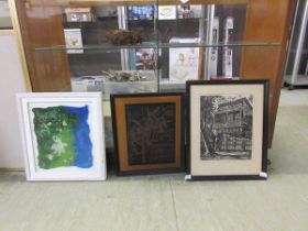 An etching of Wells Fargo and Co Express along with a framed Speed's map of Coventry and a framed