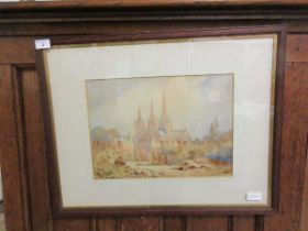 A framed and glazed watercolour of cathedral scene