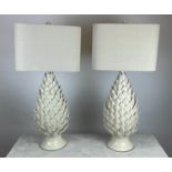 TABLE LAMPS, a pair, pine cone form, blanc de chine ceramic with linen shades, 87cm H. (2)