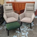 CAMERICH QING LOUNGE CHAIRS, a pair, 108cm H, and stool, 55cm x 45c m x 35cm. (3)