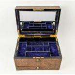 JEWELLERY BOX, Victorian, burr walnut veneered, brass bound, fitted compartmental blue velvet